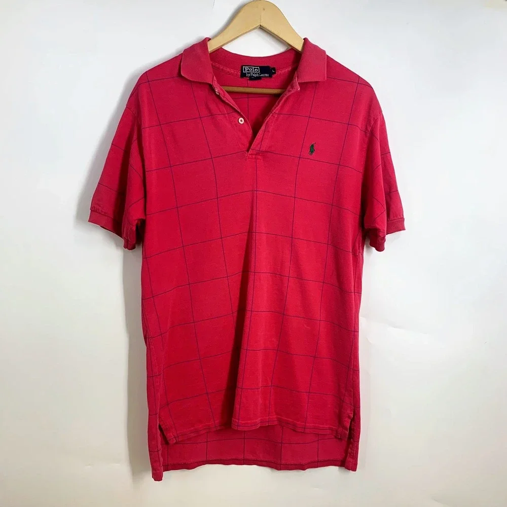 Polo Ralph Lauren Mens‎ Pink Windowpane Grid Short Sleeve Polo Shirt Large L
